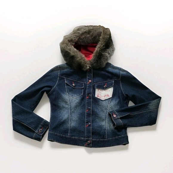 Vtg Ecko Red Jacket Women 14 Denim Faux Fur Hood No Pockets Lined Y2K Runs Small - Picture 7 of 16